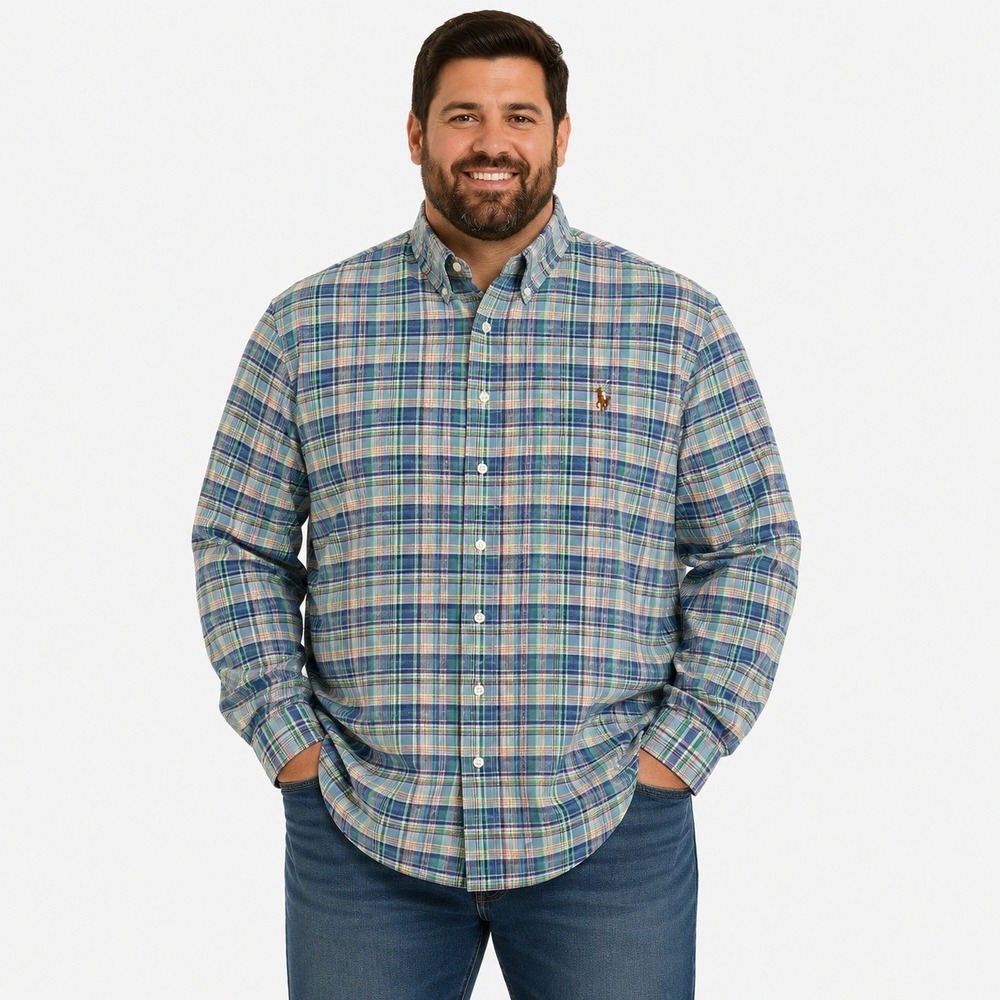 Ralph Lauren Button Down Shirt Mens 2XB Blue Green Plaid Classic Fit Long Sleeve